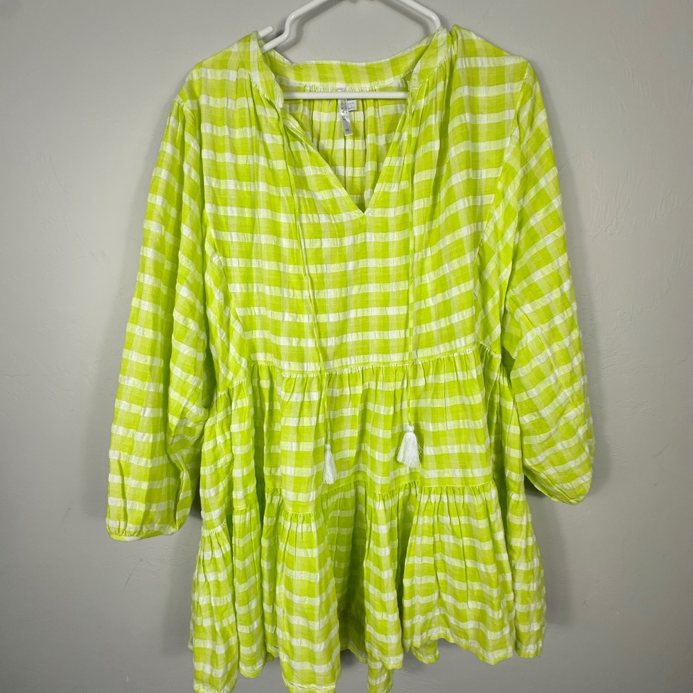 Seafolly‎ Australia Womens Gingham Tiered Tunic Dress Cover Up Green White
